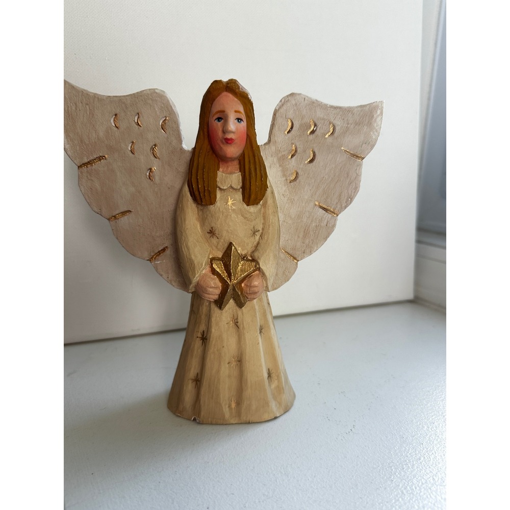 James Haddon Hand Carved Wood Angel Figurine Gold Star Folk Art 7.5"